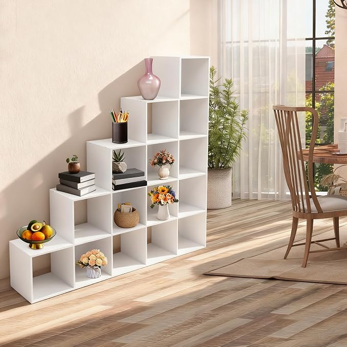 Ladder Cube Storage Bookcase, Desktop Drawers Cabinet, 15-Compartment L-Shaped Organizer, Corner Shelf, Free Standing, for Bedroom Living Room Study Office, Books Toys Decor