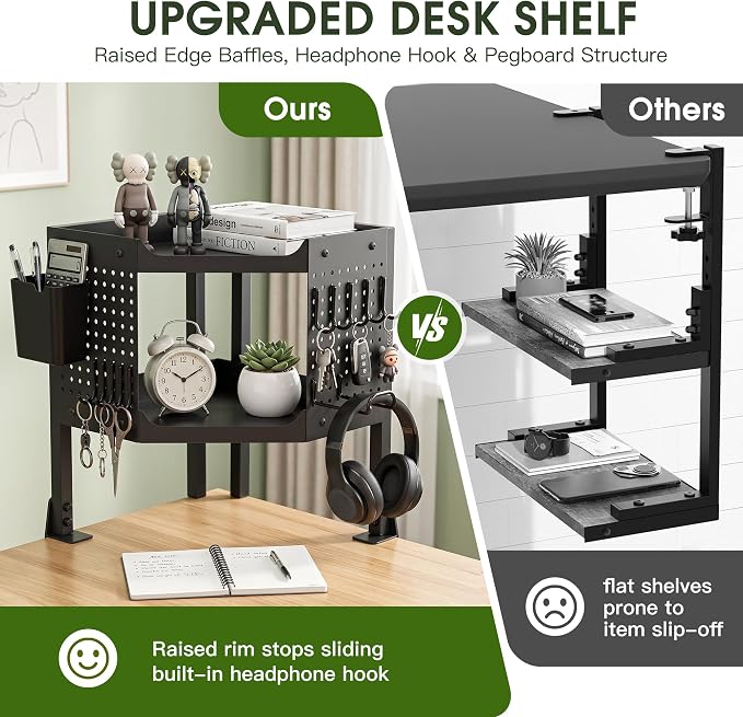 2-Tier Metal Clamp On Desk Shelf, Heavy Duty Desk Storage Organizer with 2 Removable Pegboards and Headphone Holder,Corner Desk Shelf with Pencil Cup and Hooks for Desk Accessories (Black)