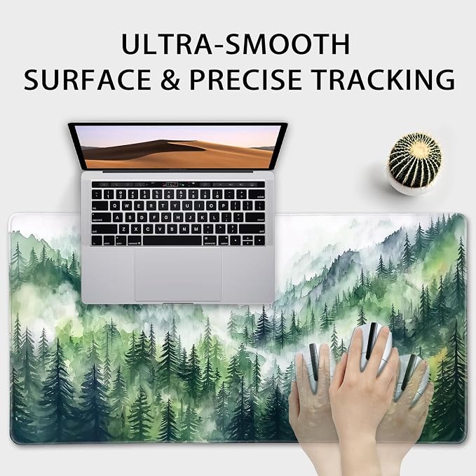 Misty Forest Mountain Large Gaming Mouse Pad 31.5"x15.7"｜XXL Desk Mat, Non-Slip Rubber Base & Stitched Edges - Extended Waterproof Mousepad for PC/Laptop/Office/Home Decor