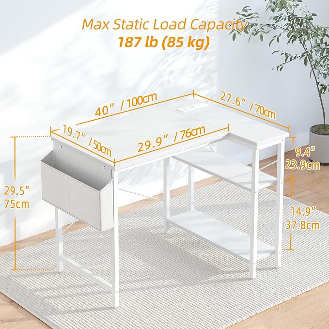 TIQLAB Small Computer Desk with Power Outlets, 40 Inch L Shaped Desk with Reversible Shelves, Gaming Desk Corner Desk Study Writing Desk for Home Office Bedroom Small Space, White
