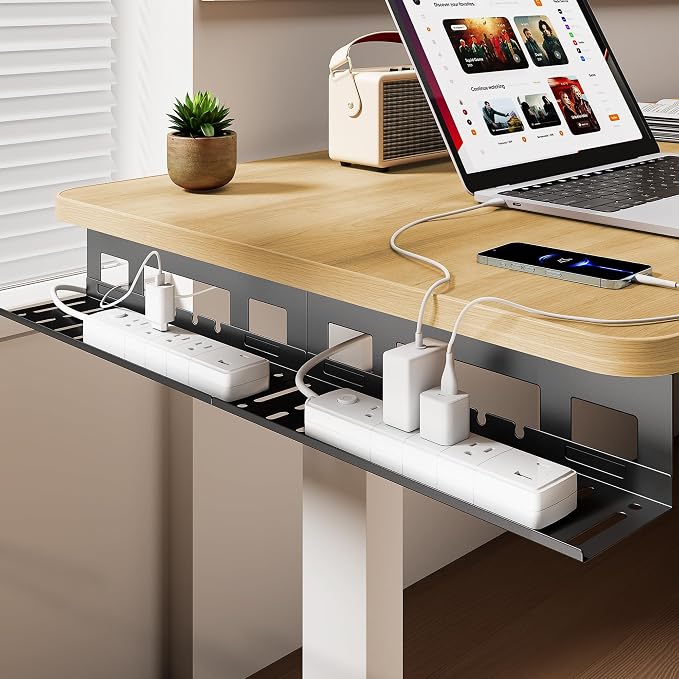 PEGZONE Under Desk Cable Management Tray, 31.5 Inches Metal Cord Organizer Rack, Desk Tray for Power Strip, Cord, Wire, Easy Mounting Cable Management Under Table for Home Office, Black