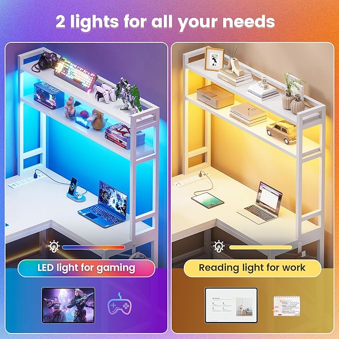 SEDETA White Corner Desk, Reversible 45.3” Small Computer Desk with Power Outlet and LED Lights, Corner Computer Desk with Hutch, Storage Shelves and Hooks for Small Space