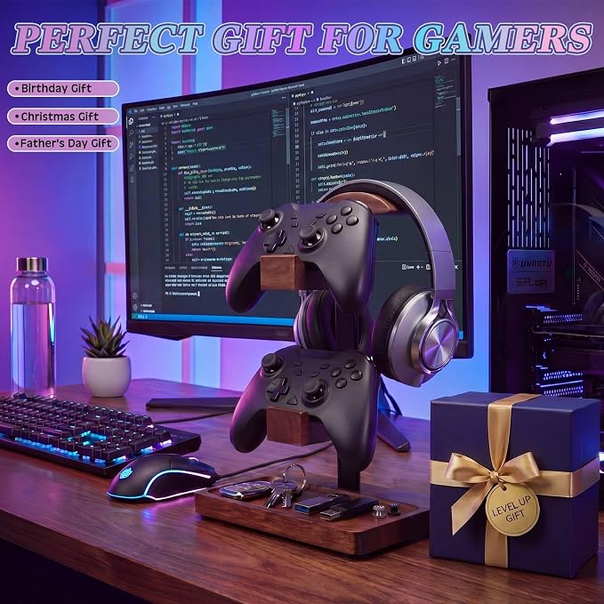 Headphone Stand with Controller Holder, Gaming Headset Stand for Desk, Walnut Headphone Holder Desk Organizer Gaming Accessories Gift for Gamers (Light Walnut)