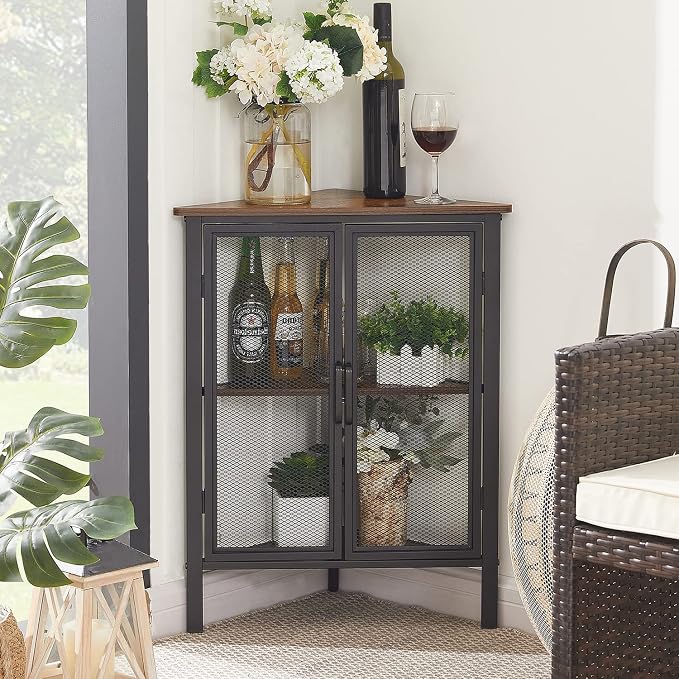 VECELO 3-Tier Corner Table,Cabinet with Mesh Door,Corner Shelf Stand,Metal Frame Storage Shelf Organizer Display Shelves for Wall Corner,Living Room,Bedroom Kitchen,Bathroom