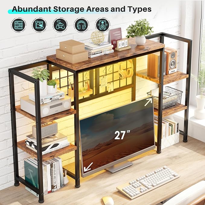 REIBII Desk Shelf with LED Light Strip,Adjustable 45.1" Desk Hutch Dorm with 5 Tier Display Shelf Rack,Desktop Bookshelf with Grid Panel & Hooks for Home, Office and Dorm, Rustic Brown