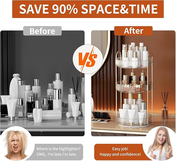YCIA&DONE 360 Rotating Makeup Organizer and Storage for Vanity Countertop 3 Tiers, High Capacity Cosmetic Skincare Perfume Organizers for Dresser Bathroom Lazy Susan (Clear White)