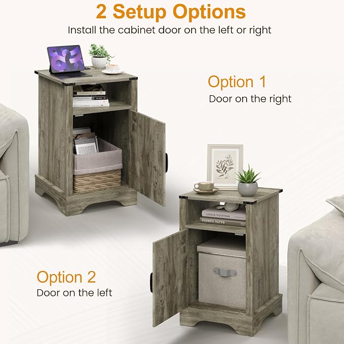 RoyalCraft 25" Tall Nightstand Set of 2, Farmhouse Nightstand with Charging Station, Large End Table with Storage, Wooden Rustic Bedside Table for Bedroom, Light Grey