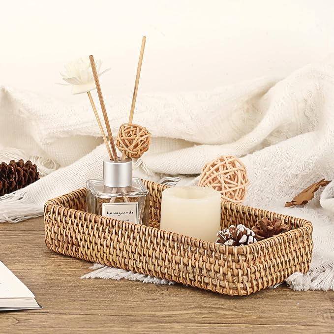 Hipiwe Key Basket for Entryway Table Natural Rattan Serving Tray Small Wicker Trays for Decor Fruit Bowl Decorative Baskets for Kitchen,Coffee Table