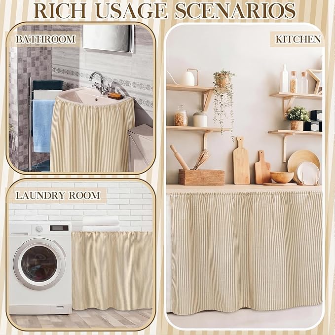 VitalCozy Cabinet Curtains 35" W x 35" L Sink Skirt for Bathroom Kitchen Brown Stripes Cabinet Curtains for Classroom Home Farmhouse Rustic Drape Under Desk Privacy Drape for Laundry Room