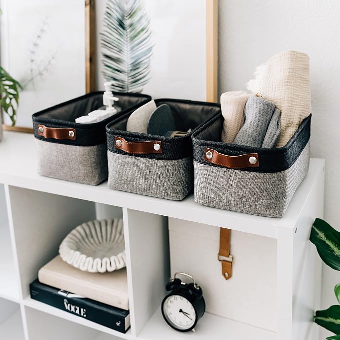 OrganiHaus 12x8in Canvas Storage Baskets 6 Pack | SMALL Fabric Bins for Shelves | Pantry & Bathroom Organizer | Gray/Black