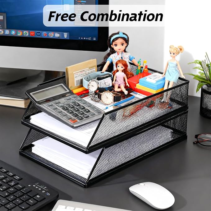 2 Pack 12.8 x 9.84 Inch Black Metal Mesh Letter Tray, Stackable Desk File Organizer Paper Holder Document Storage for Office Home Classroom