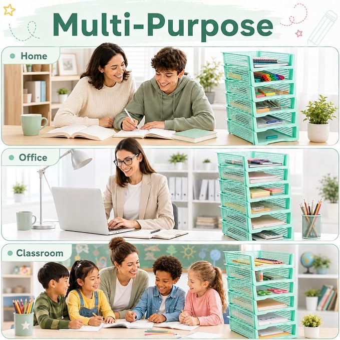 Set of 6 Green Turn in Trays for Teachers Stackable Classroom Paper Letter Trays Plastic Classroom Desk Letter Organizer Tray Storage Baskets for Library, Drawers, Office, Home