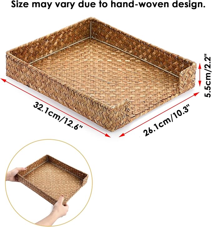 BTSKY Multipurpose A4 File Tray Natural Seagrass Desk Tray Organizer Woven Letter Size Desk Documents Trays Magazine Files Storage Basket Organizer Bin for Office Cosmetics Bathroom, Caramel