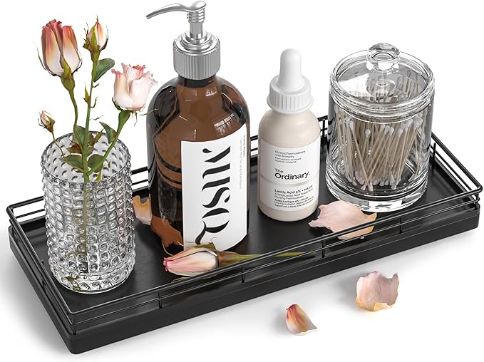 Bathroom Tray for Counter, Oak Wood 11" L Small Vanity Tray for Dresser Tops Perfume Jewelry Makeup Candle Soap Sponge Holder for Kitchen Countertop Organizer Coffee Table Decor Bar Black