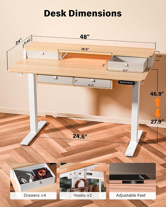 FiCiHi Electric Standing Desk with Four Drawers, 48 x 24 Inch Adjustable Height Sit Stand Desk, C-Clamp Compatible Home Office Desk with Storage Shelf & Monitor Stand Riser, Maple