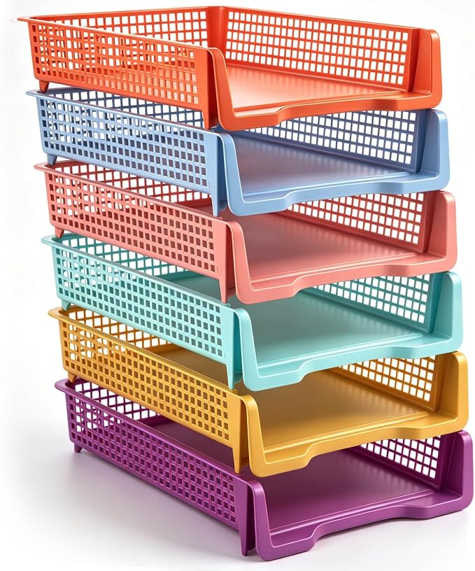 Geetery Set of 6 Plastic Trays for Teachers Turn in Trays Classroom Stackable Paper Tray Plastic Classroom Teachers Desk Letter Organizer Storage Baskets for Office, Desk, Home (Wildflower Color)