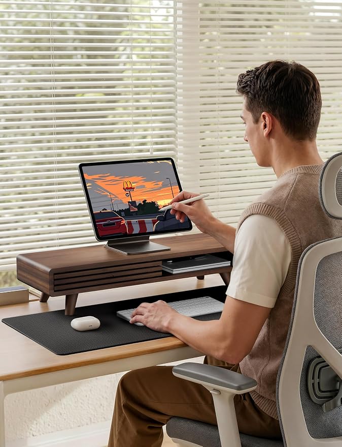 Tinamo 24" Wooden Monitor Stand Riser with Storage Organizer, Walnut Color | Acacia Wood, Sliding Door, Cable Management, Fits up to 32" Monitors, Multi-purpose Storage, Used for Computer, Laptop, TV