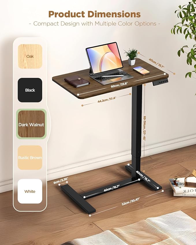 Overbed Bedside Table with Wheels, Electric Standing Desk Adjustable Height, Small Computer Desk for Home Office, Rolling Laptop Desk for Bed, Sofa, or Hospital Use (24"x16",Dark Walnut)