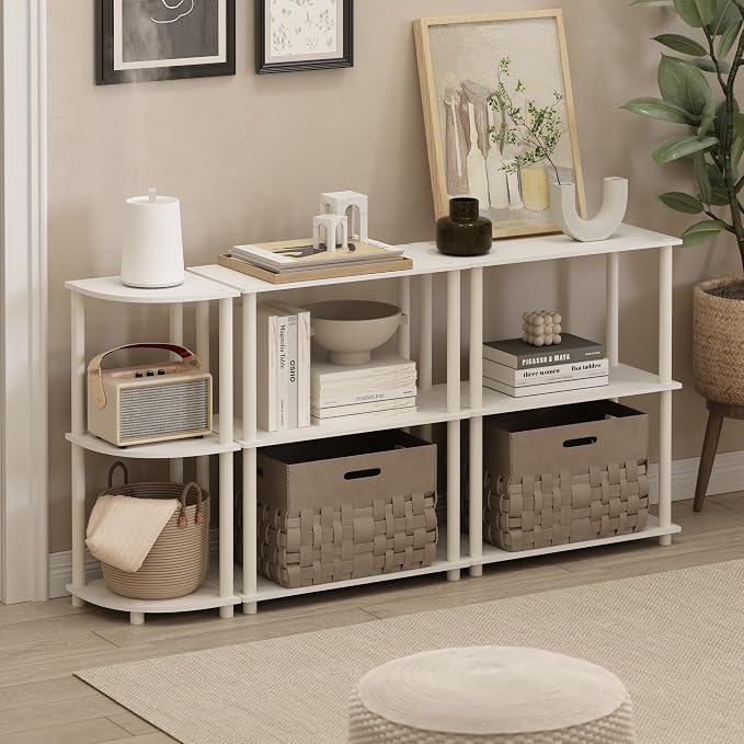 Furinno Turn-N-Tube Toolless Assembly 3-Tier Corner Shelf, White Corner Book Shelf, Open Shelves Bookshelf, for Organization and Storage, Living Room, Home Office, Bedroom, Plain White