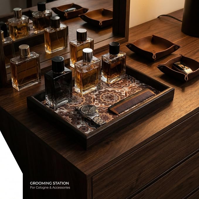 Wooden Valet Tray with Leather Base - Nightstand Catchall Organizer for Cologne, Perfume, Keys, Wallet, Phone, Watch, Jewelry & Sunglasses (Bohemian)