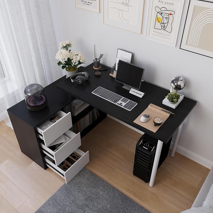 Mekminop L Shape Computer Desk with 3 Drawers and 2 Shelves, Home Office Desk Corner Small Desk with Storage Cabinet for Writing Study Executive – Black and White