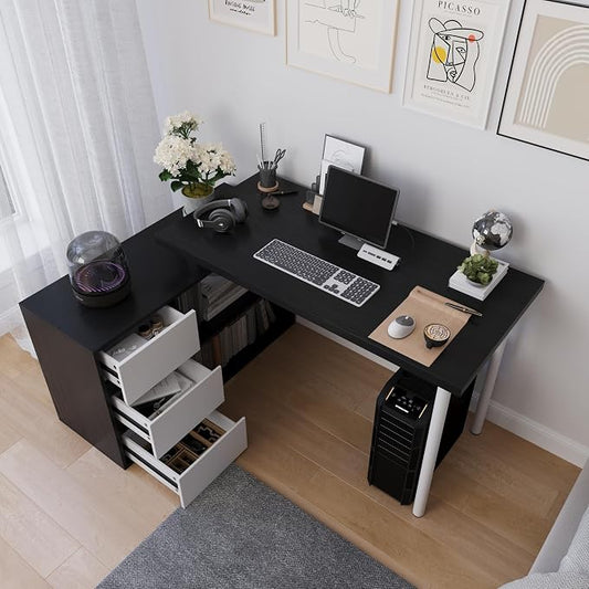 Mekminop L Shape Computer Desk with 3 Drawers and 2 Shelves, Home Office Desk Corner Small Desk with Storage Cabinet for Writing Study Executive – Black and White