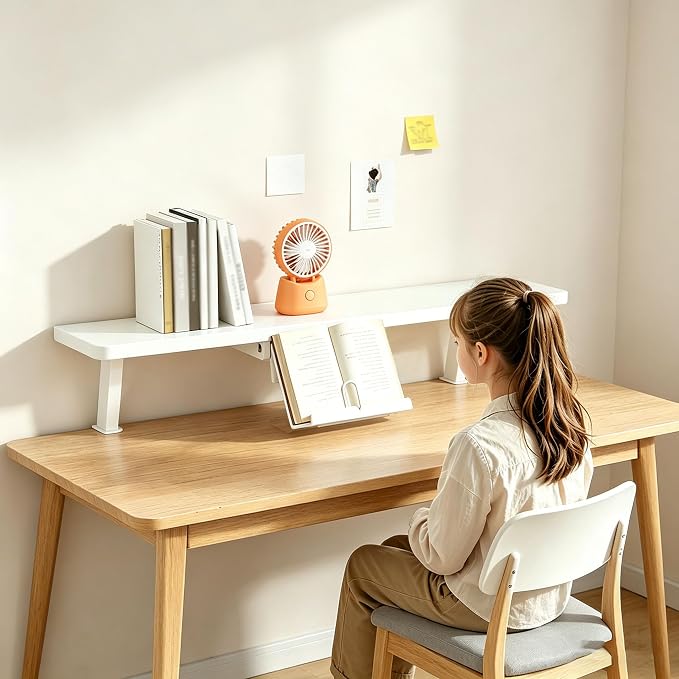 31.4x7.8 in Clamp on Desk Shelf, Adjustable Floating Desks Shelf with Reading Stand Space Saving Laptop Riser Stand for Office, Dorm, Home Desk Organization, White