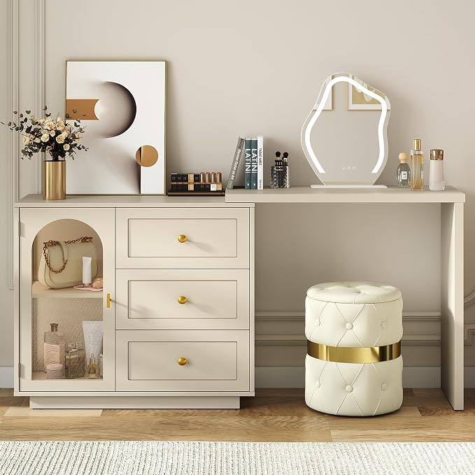 RoyalCraft 59” Large Makeup Vanity Desk, Beige L Shaped Corner Vanity Table with 3 Drawer & 1 Door, Modern Extendable Dressing Table, Vanity Dresser Combo for Bedroom, Dressing Room (Without Mirror)
