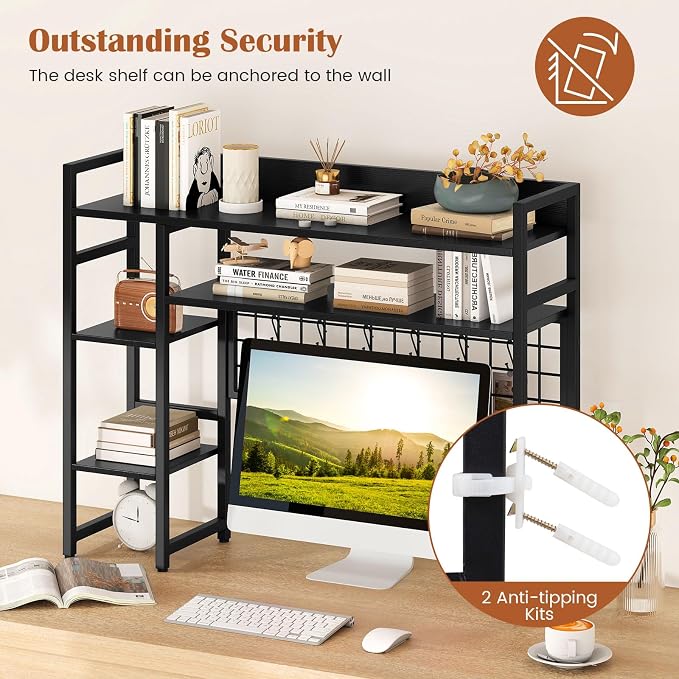 Giantex Desktop Bookshelf, 37" Desk Shelf for Up to 32" Computer Monitors, 4 Tier Desktop Display Shelves with Grid Panel, 6 Movable Hooks, Anti-tip Device, Desk Hutch for Home Office Dorm (Black)