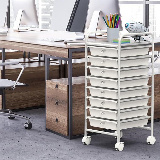 Simple Houseware Utility Cart with 8 Drawers Rolling Storage Art Craft Organizer, White