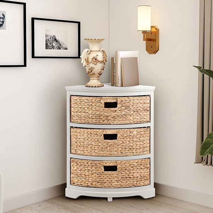 Hampton Meadows 3-Tier End Table with Storage Baskets, Narrow Side Table for Small Spaces, Farmhouse Nightstand and Corner Accent Table with 3 Water Hyacinth Woven Baskets, White, 14 x 14 x 25.5 Inch