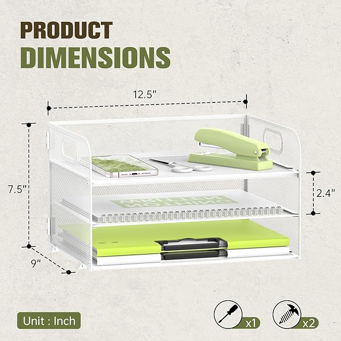 DALTACK 3 Tier Paper Organizer with Handle, Mesh Metal Desk Organizer with Sliding Paper Trays for Letter/A4 Paper, Mail, Bills & Folders, White