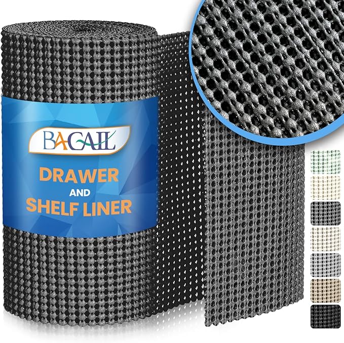 BAGAIL Non-Adhesive Shelf Liner, Thick Strong Grip Drawer Liners for Kitchen Cabinets, Heavy-Duty Easy Cut Cabinet Liners for Shelves, Pantry, Bathroom Cupboards - 12" x 10FT, Charcoal