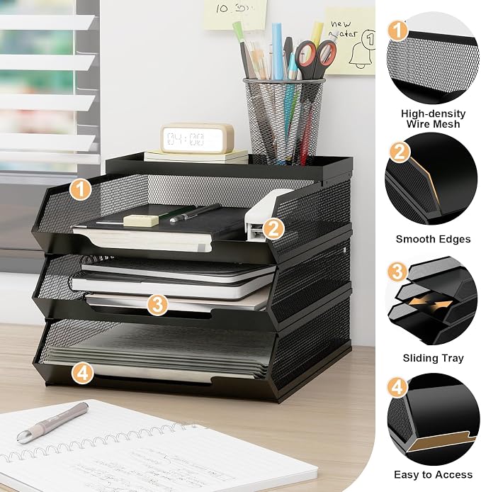 Natwind 3 Tier Stackable Paper Trays for A4 File,Desktop File Organizers for Office Supplies,Metal Mesh Desk Organizer,Mail Sorter Paper Tray with Top Tray,Letter Trays for Home,Office,School,Black