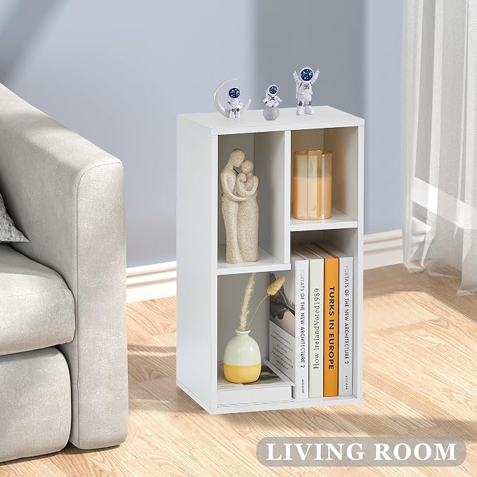 VECELO 11.8" Open Bookshelf, Waterproof Particle Board Asymmetrical Split Cubby Storage Organizer, White Uneven Compartment Display Cube for Tall Books, Bedroom Dorm Office