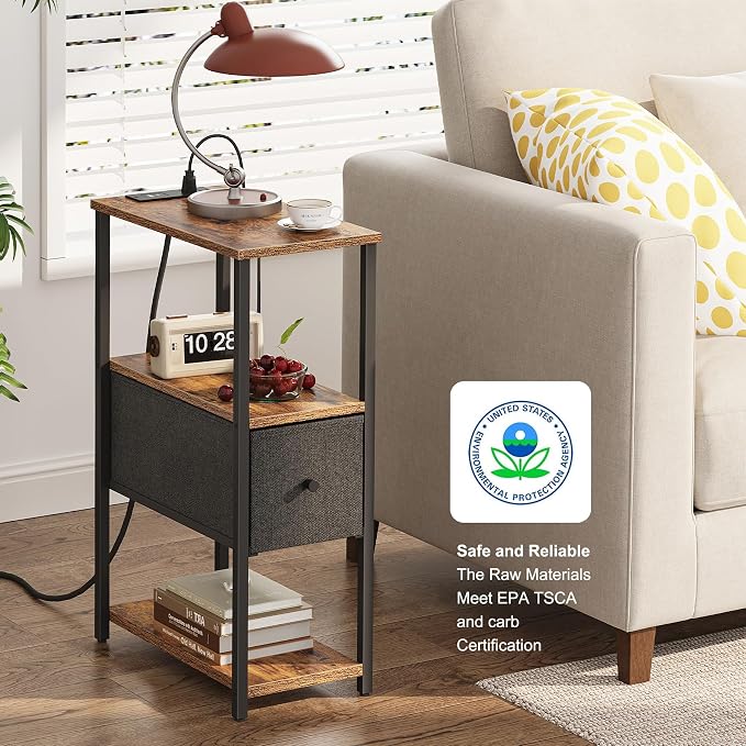 TUTOTAK Small Narrow End Table with Charging Station, Set of 2, Side Table with Outlets, Nightstand with Cloth Drawer, Couch Table, for Living Room, Bedroom, Bedside, Brown and Black TB01BB058K