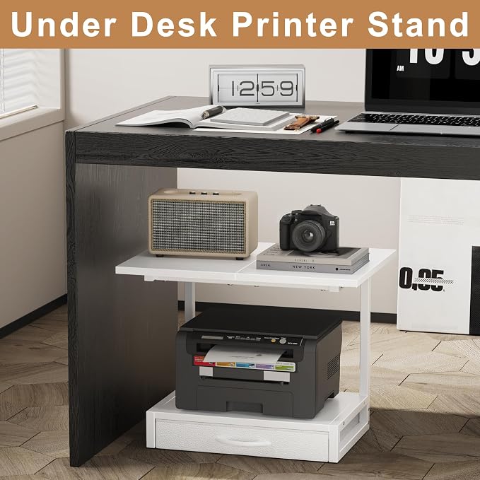 YAOHUOO 2-Tier Desktop Printer Stand with Fabric Drawer, Prtiner Table with Storage Shelf, Desk Organizer for Home Office,3D Printer,Fax Machine,Scanner, 19.6"x14.9" White