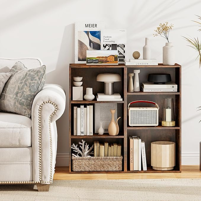 3 Shelf Bookshelf, 31.5” Small Bookcase with 2 Adjustable Shelves, Wooden Bookshelves and Bookcases, Modern Display Shelf, 3 Cube Storage Organizer for Home Office Bedroom (Brown)