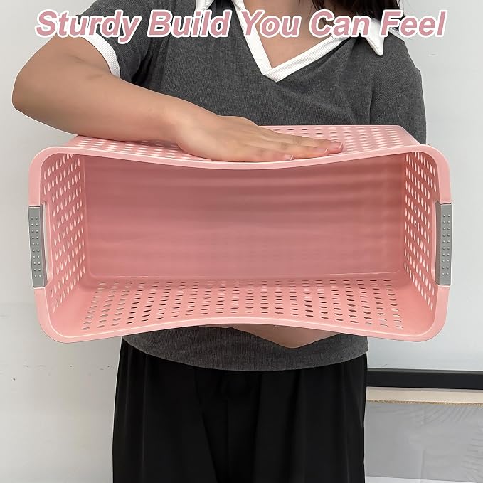 Soddeph Slim Plastic Storage Basket with Handles, Narrow Organizer box for Shelves, Organizer box for Organizing, Kitchen,Home,Office (Pink, Large)