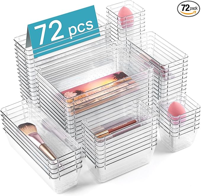 Vtopmart 72 PCS Clear Plastic Drawer Organizers Set, 4-Size Versatile Bathroom and Vanity Organizer Trays, Non-Slip Storage Containers for Makeup, Jewelries, Bedroom，Kitchen Utensils and Office