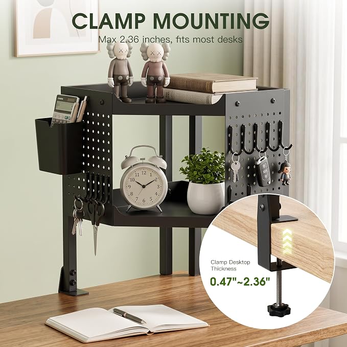2-Tier Metal Clamp On Desk Shelf, Heavy Duty Desk Storage Organizer with 2 Removable Pegboards and Headphone Holder,Corner Desk Shelf with Pencil Cup and Hooks for Desk Accessories (Black)