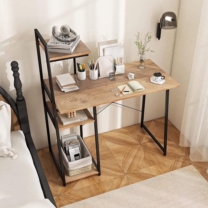 Tangkula Computer Desk with Shelves, Space Saving Home Office Desk with 3-Tier Ladder Shaped Storage Bookshelf, Modern Writing Study Desk with Metal Frame, Compact Computer Workstation (Natural)