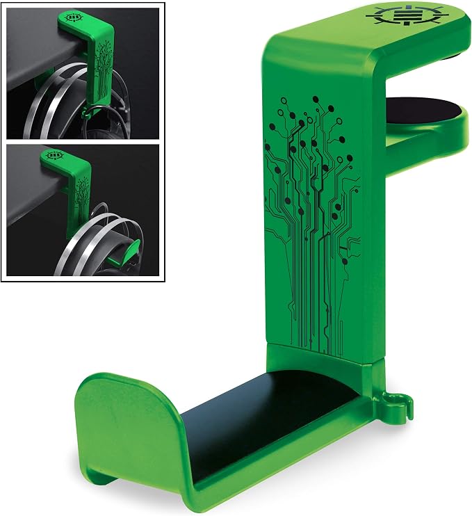 ENHANCE PC Gaming Headphone Holder - Desk Headphone Hanger Esports Headset Holder with Adjustable 360 Rotation, Under Desk Hook Clamp, Universal Fit - Built in Cable Clip Organizer - Green