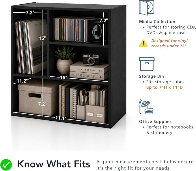 Homes: Inside + Out Apexa 4-Vertical Storage Organizer Shelves, Stackable Wood Bookcase for Organization, Dorm Teen Room Decor & Home Office, Black