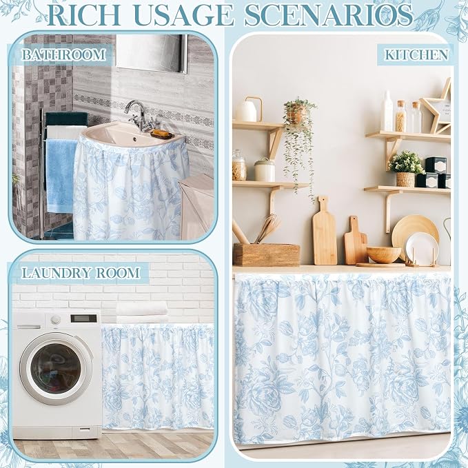 VitalCozy Cabinet Curtain 28" w x 35.4" L Sink Skirt for Bathroom Kitchen Blue Flower Floral Spring Short Curtain for Home Classroom Farmhouse Rustic Drape Under Desk Privacy Drape for Laundry Room