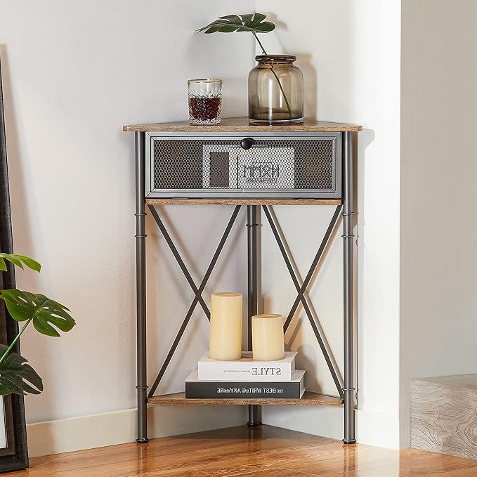 VECELO 3-Tier Corner Table,Mesh Door Cabinet and Open-Shelf,Corner Shelf Stand,Metal Frame Storage Shelf Organizer Display Shelves for Bedroom,Lobby Corner,Living Room,Kitchen,Bathroom