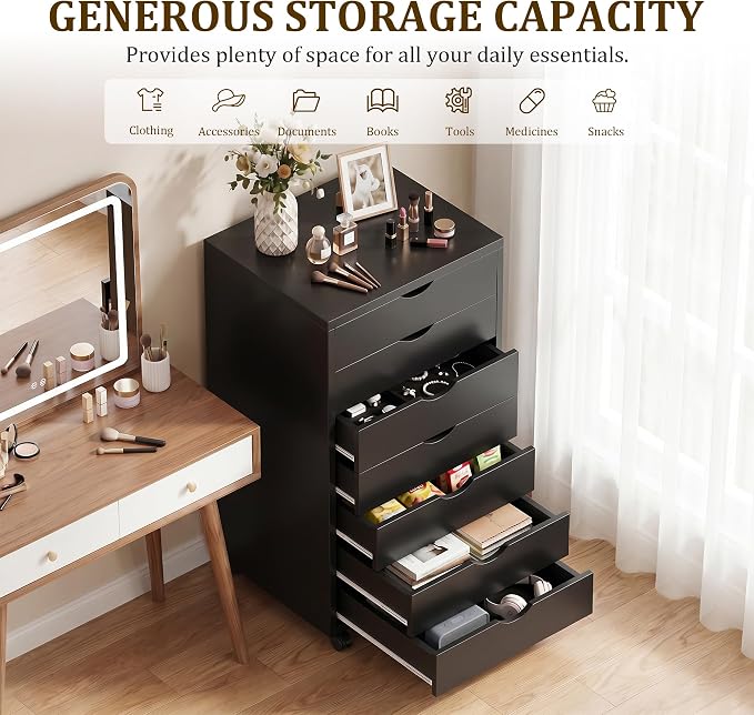 7 Drawer Mobile File Cabinet Under Desk Storage Organization with Wheels Vertical Filing Chest Rolling Wood Small Desk Printer Stand for Home, Black