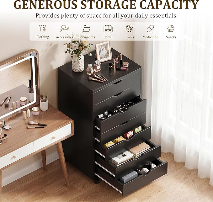 7 Drawer File Cabinet, Under Desk Storage Organization with Wheels, Mobile Filing Chest for Small Desk Printer Stand for Home Office, Black