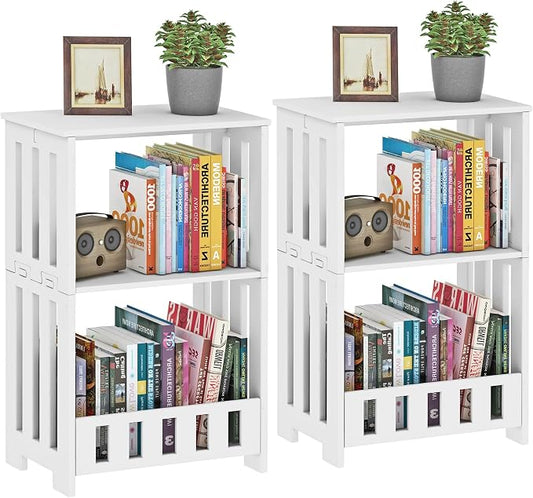HAYOFAMY 3-Tier End Table Night Stand Set of 2, White Side Table with Storage Shelf, Small Bookshelf Bedside Table for Bedroom, Living Room, Office, Bathroom