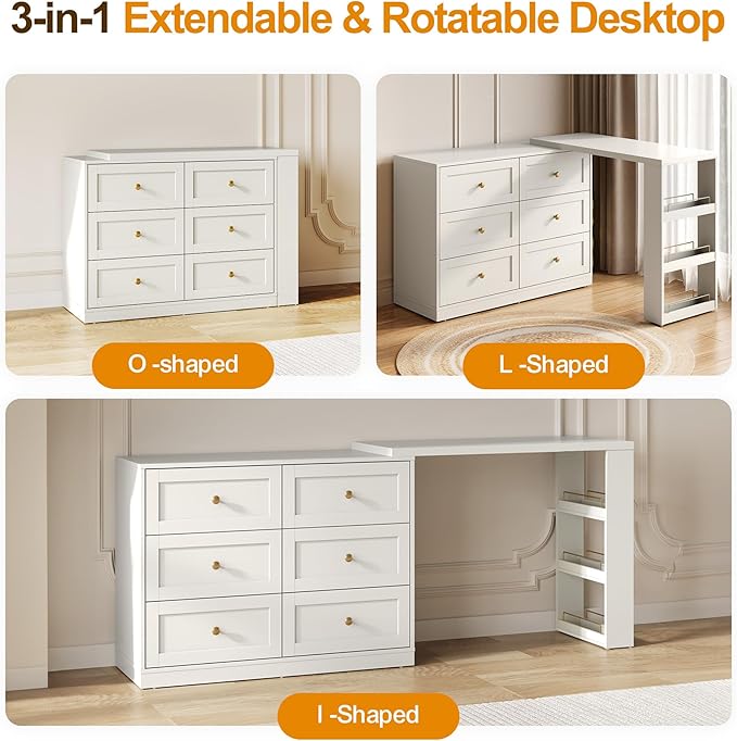 FansaFurn 67" Extendable Corner Vanity Desk, 3 in 1 Makeup Table with Rotatable Tabletop, 3 Side Shelves & 6 Drawers, L-Shaped Vanity Table and Dresser Combo for Bedroom, Dressing Room, White